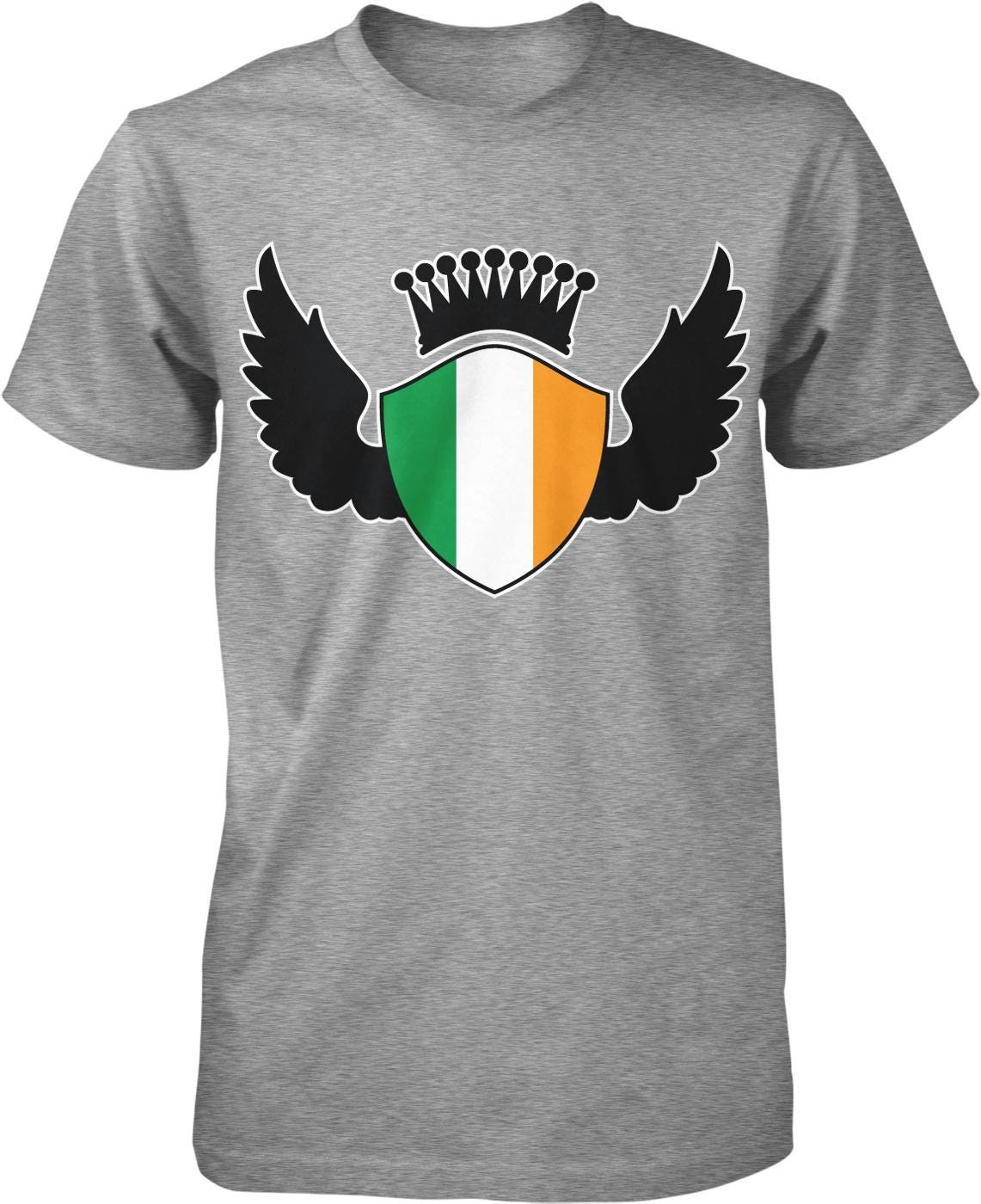 A gray t-shirt with a graphic design featuring a shield with a green, white, and orange border, and a crown on top.