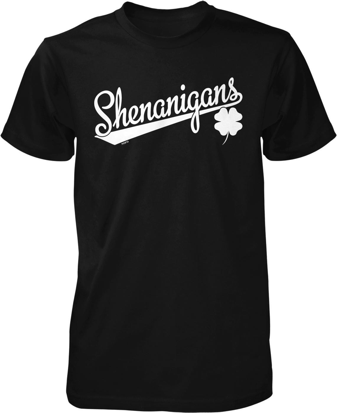 A black t-shirt with white text and a white clover graphic.