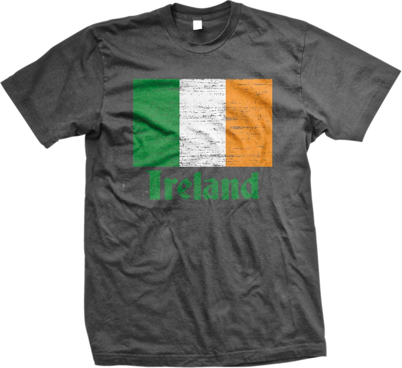 A grey t-shirt with a graphic design featuring the colors of the Irish flag.