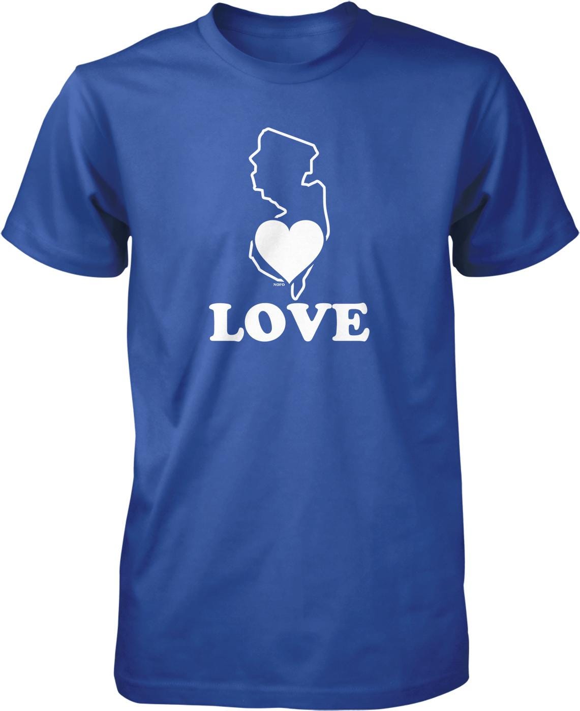 A blue t-shirt with a white graphic design that includes a heart shape and the word "LOVE" written below it.