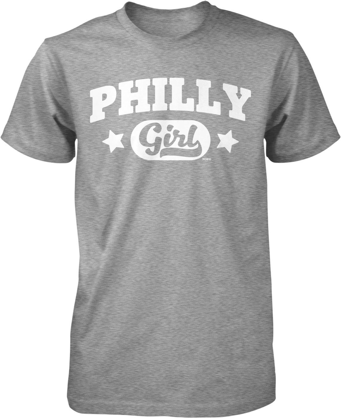 A gray t-shirt with the text "PHILLY Girl" printed on it in white letters.