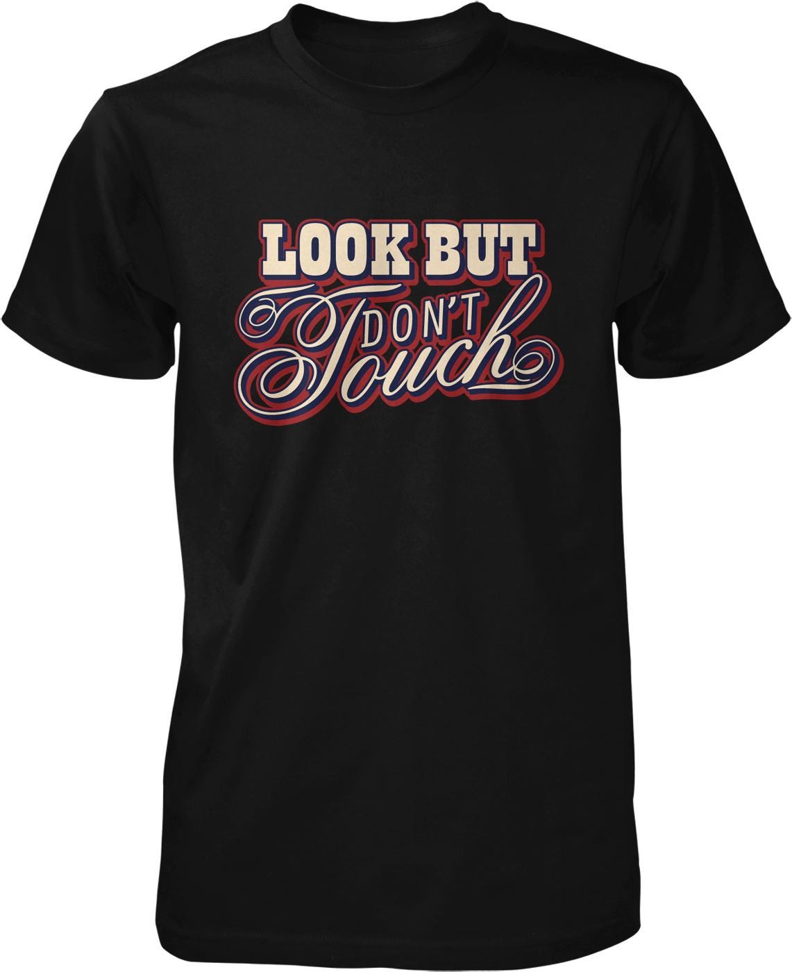 The image is a black t-shirt with a printed text design on it.