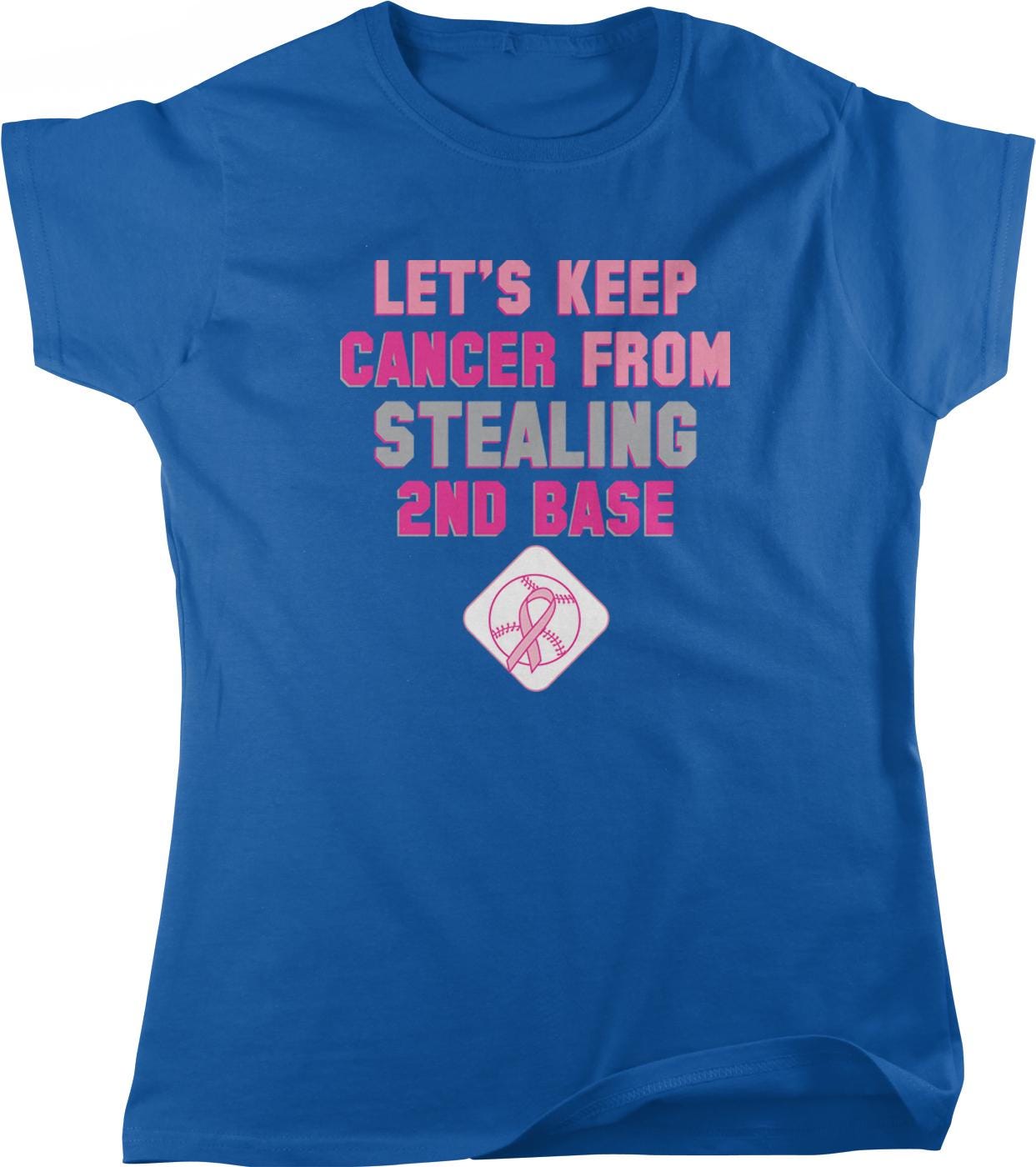 The image is a blue t-shirt with text and a pink ribbon symbol, which is related to cancer awareness.