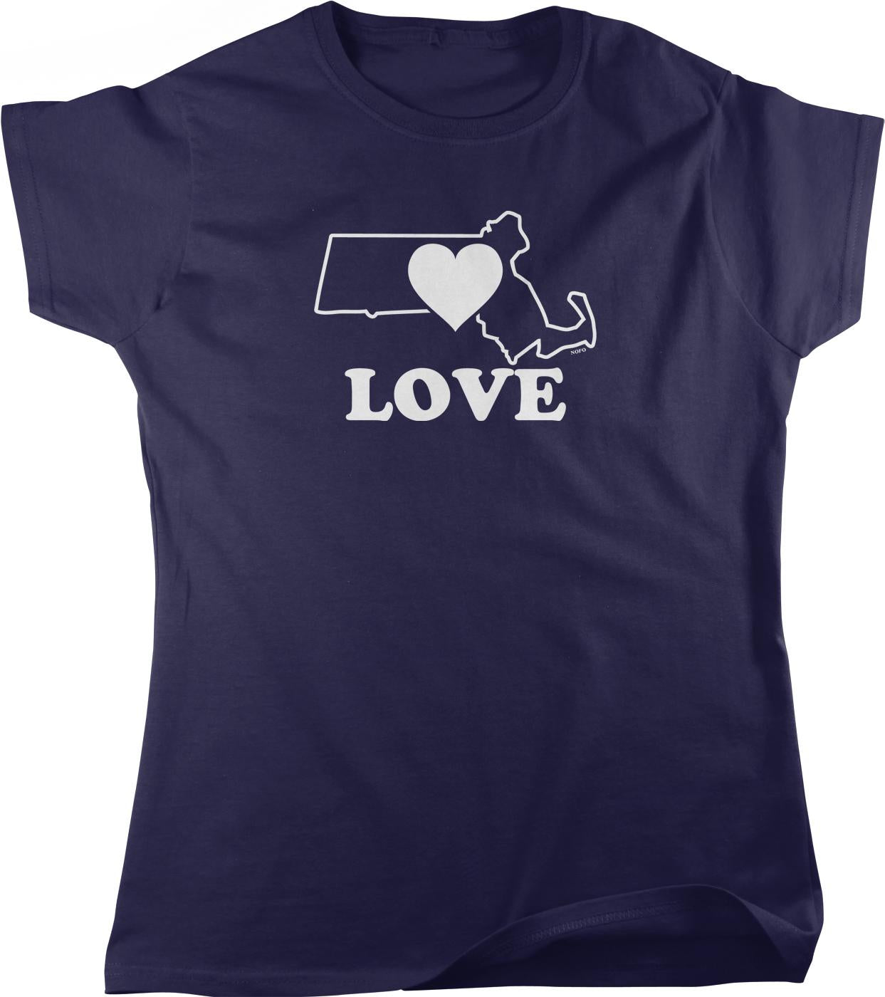 A navy blue t-shirt with a white graphic design that says "LOVE" and features a heart shape with the state of Massachusetts.