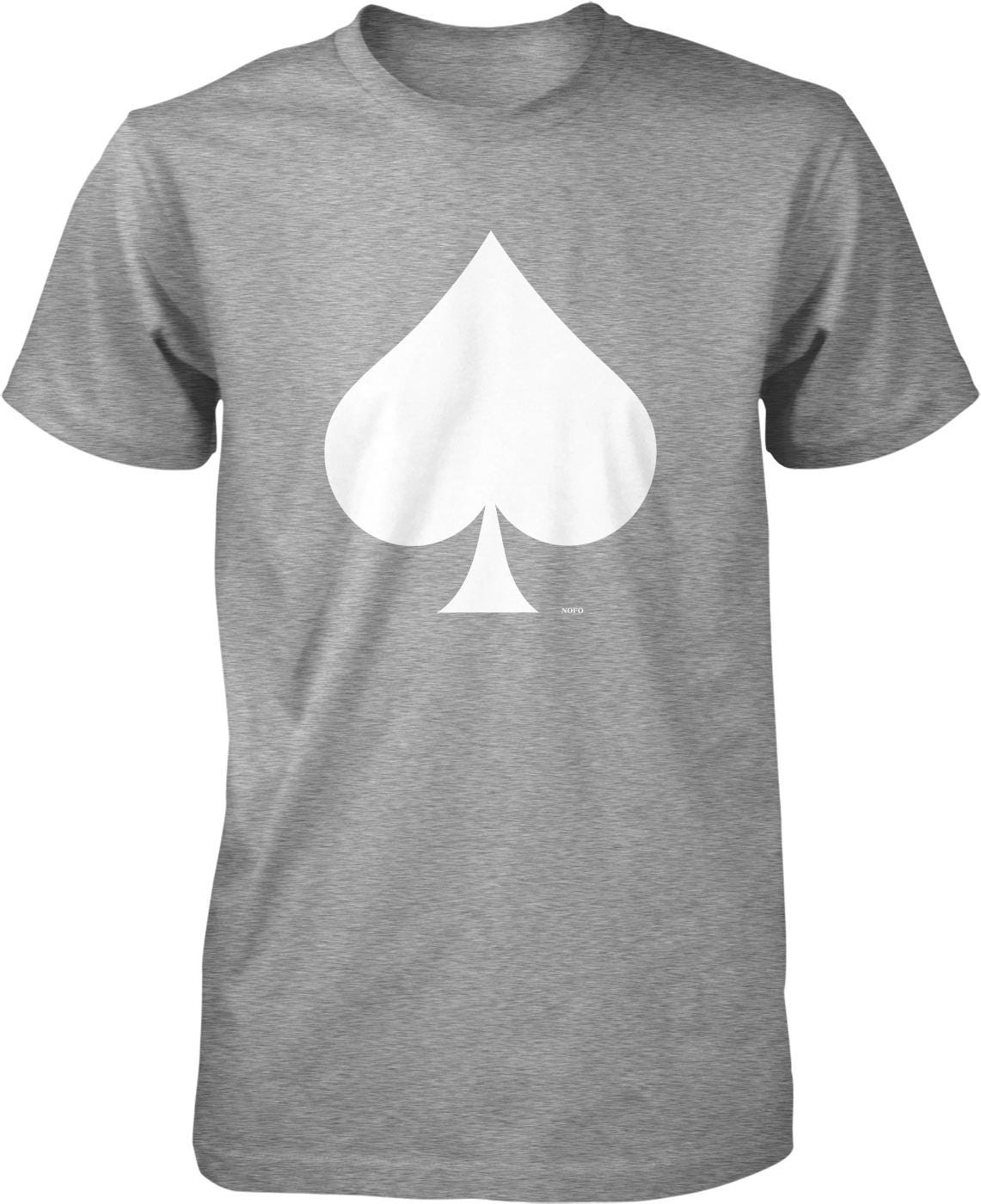 A gray t-shirt with a white graphic of a spade symbol printed on it.
