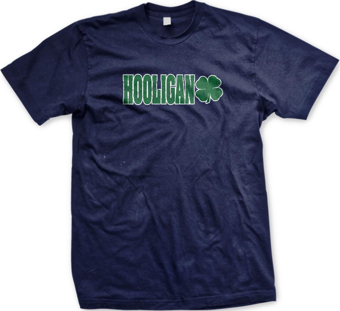 A navy blue t-shirt with the word "HOOLIGAN" printed on it in green text.
