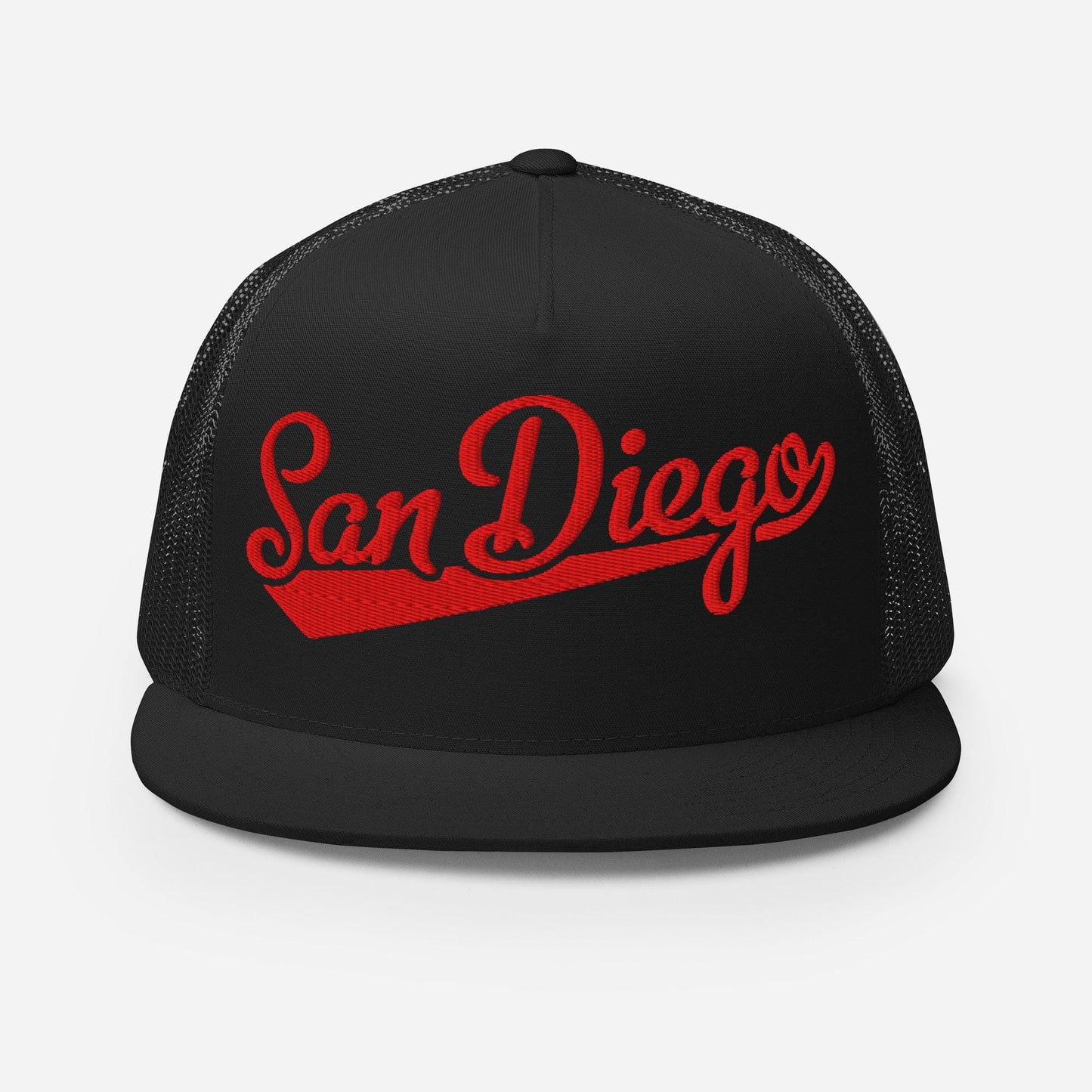 Snapback Trucker Hat - San Diego Script Baseball Five Panel Cap With Breathable Mesh