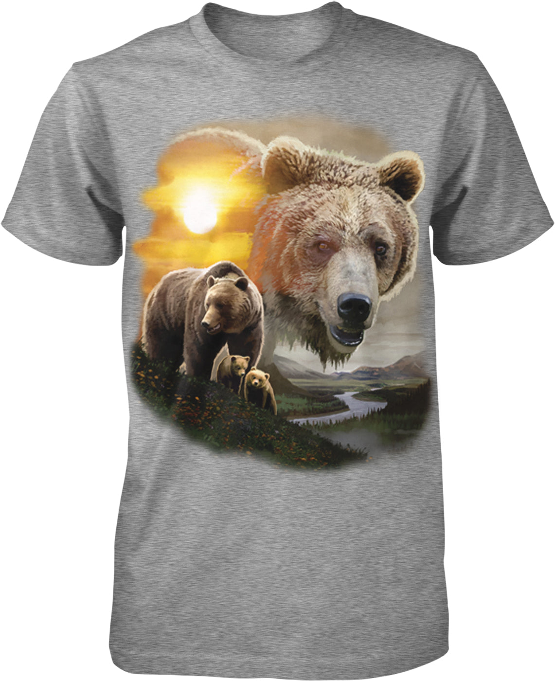 A t-shirt design featuring a large bear in the foreground and two smaller bears in the background, set against a scenic landscape with a sunset and mountains in the distance.