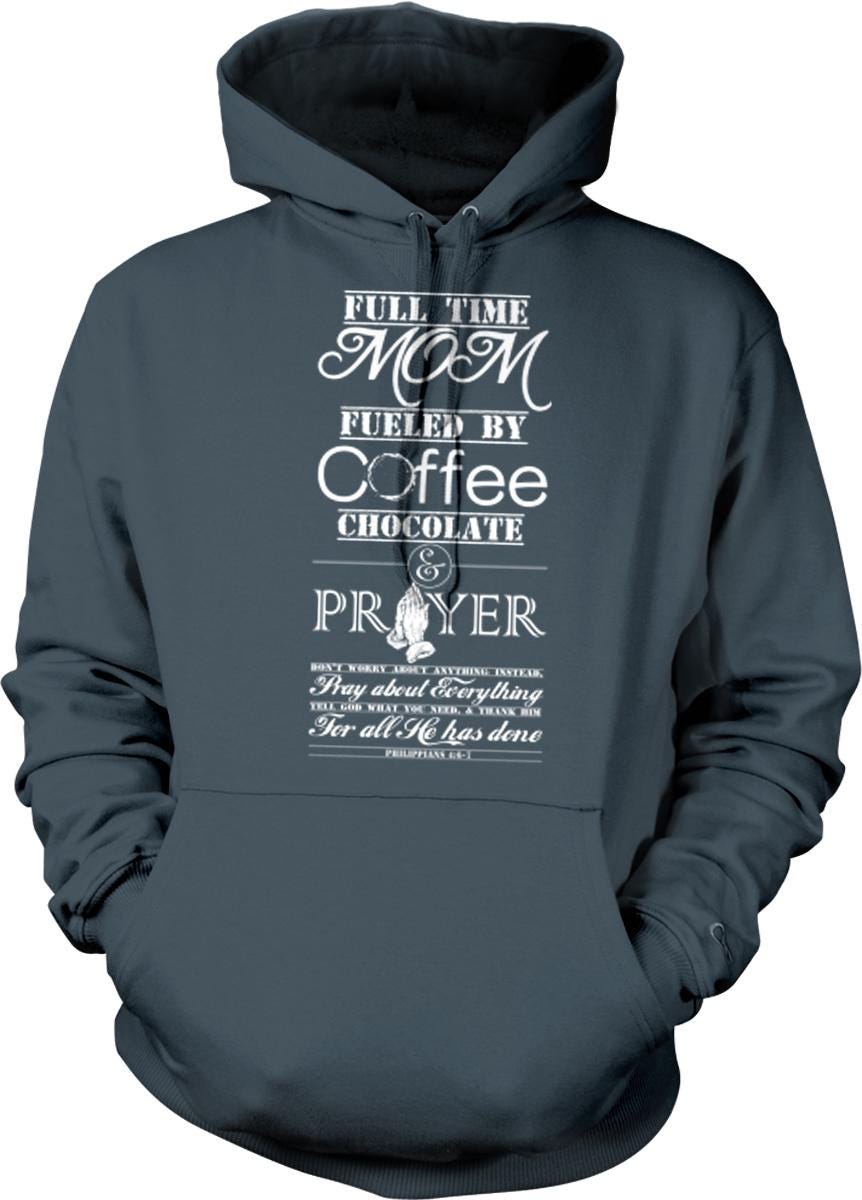 A gray hoodie with white text and graphics printed on it.
