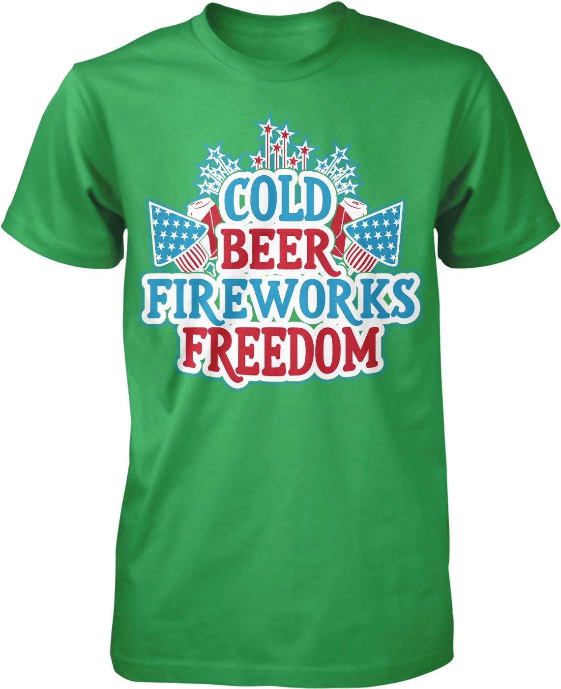 A green t-shirt with a graphic design that says "COLD BEER FIREWORKS FREEDOM" in bold letters.