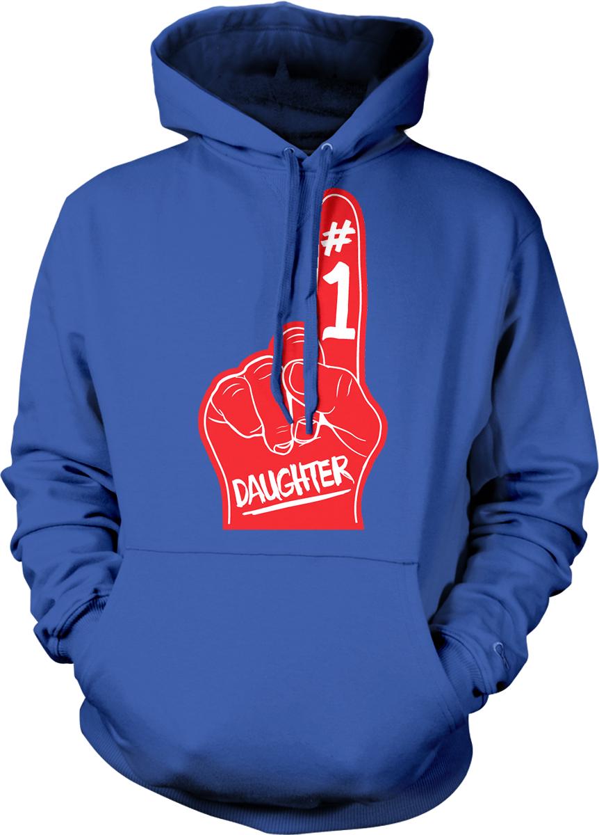 A blue hoodie with a red foam finger and the text "Daughter" printed on it.