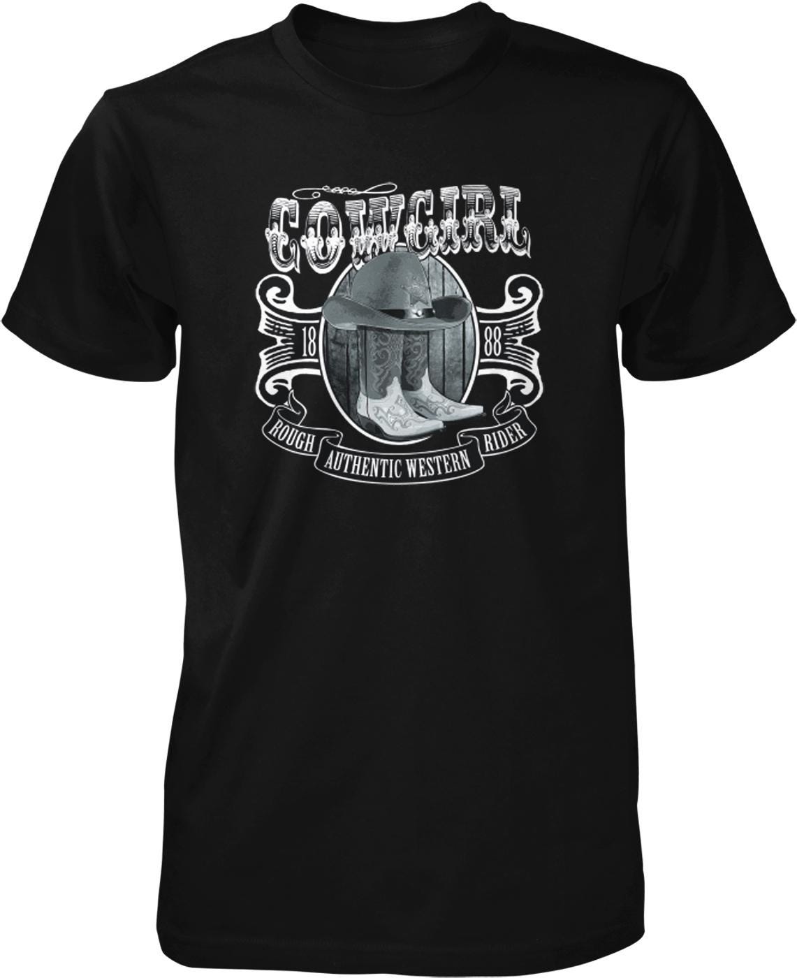 A black t-shirt with a graphic design featuring a cowboy hat, boots, and the text "COWGIRL" prominently displayed.