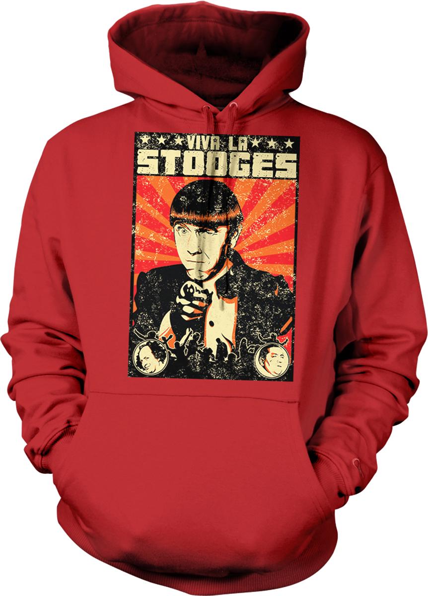 A red hoodie with a graphic design featuring a man's face and the text "VIVA LA STOGES" prominently displayed.