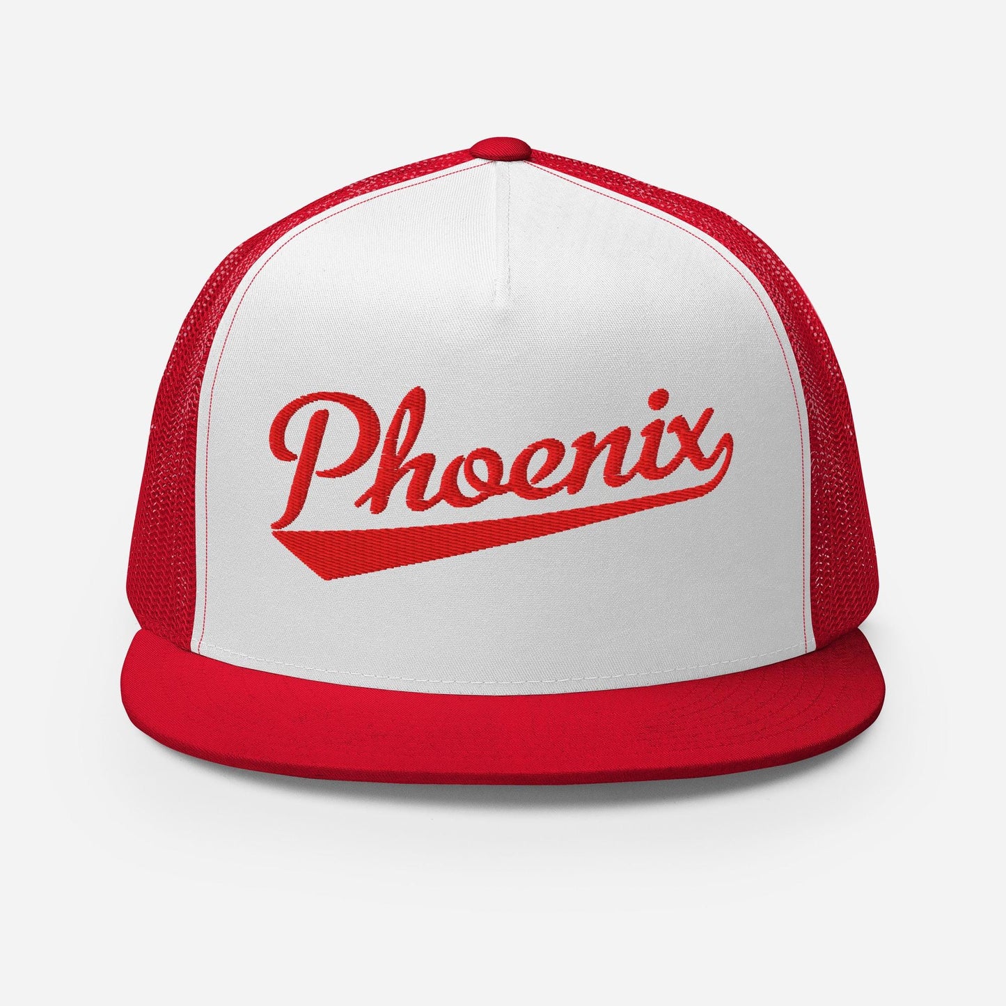 A red and white baseball cap with the word "Phoenix" printed on it.
