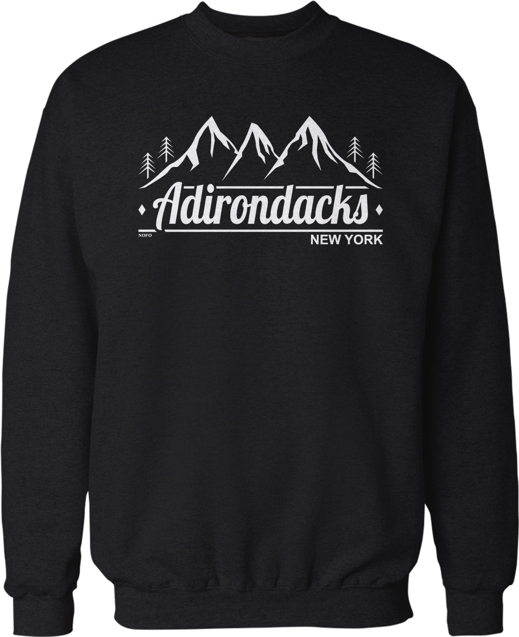 A black sweatshirt with a white graphic design featuring mountains and trees, along with the text "Adirondacks New York".