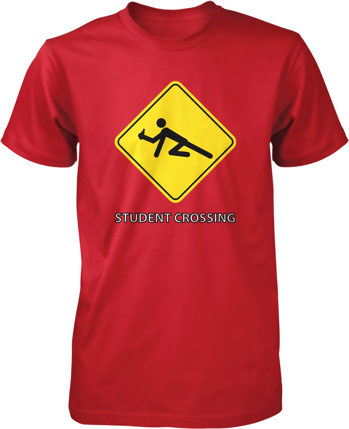 A red t-shirt with a yellow diamond-shaped sign featuring a person in a kneeling position and the text "Student Crossing" below it.