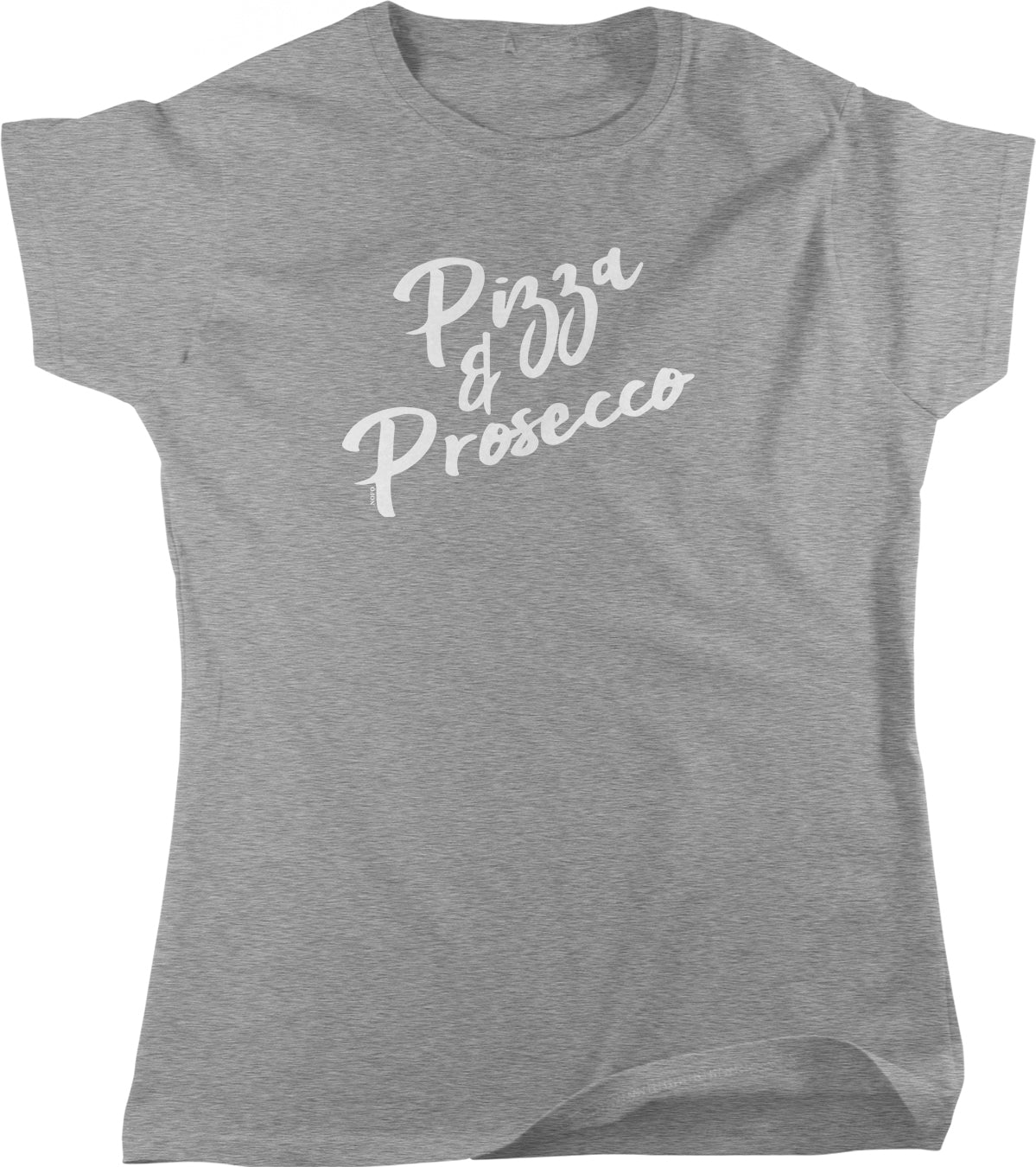 A gray t-shirt with the text "Pizza & Prosecco" printed on it in white lettering.