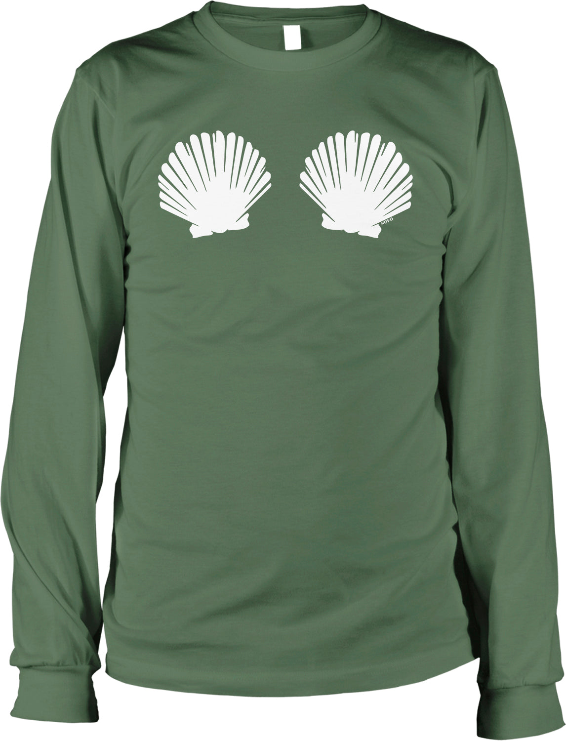 A long-sleeved green t-shirt with a white graphic design of two white seashells on the front.