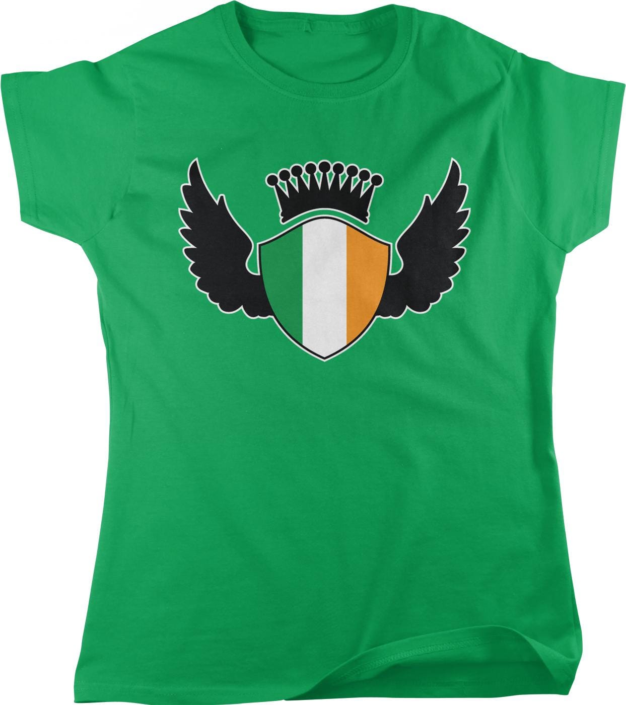 A green t-shirt with a graphic design featuring a shield with a crown on top, wings, and the colors of the Irish flag.