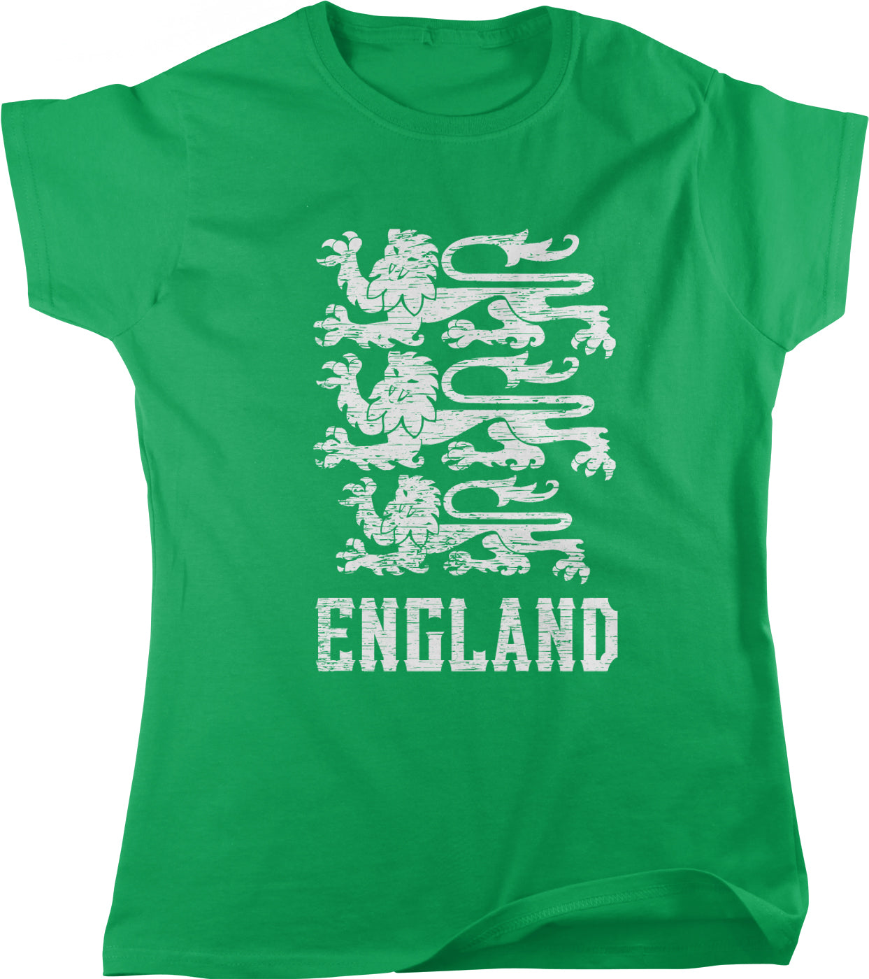 A green t-shirt with a white graphic design depicting a lion and the word "ENGLAND" printed on it.