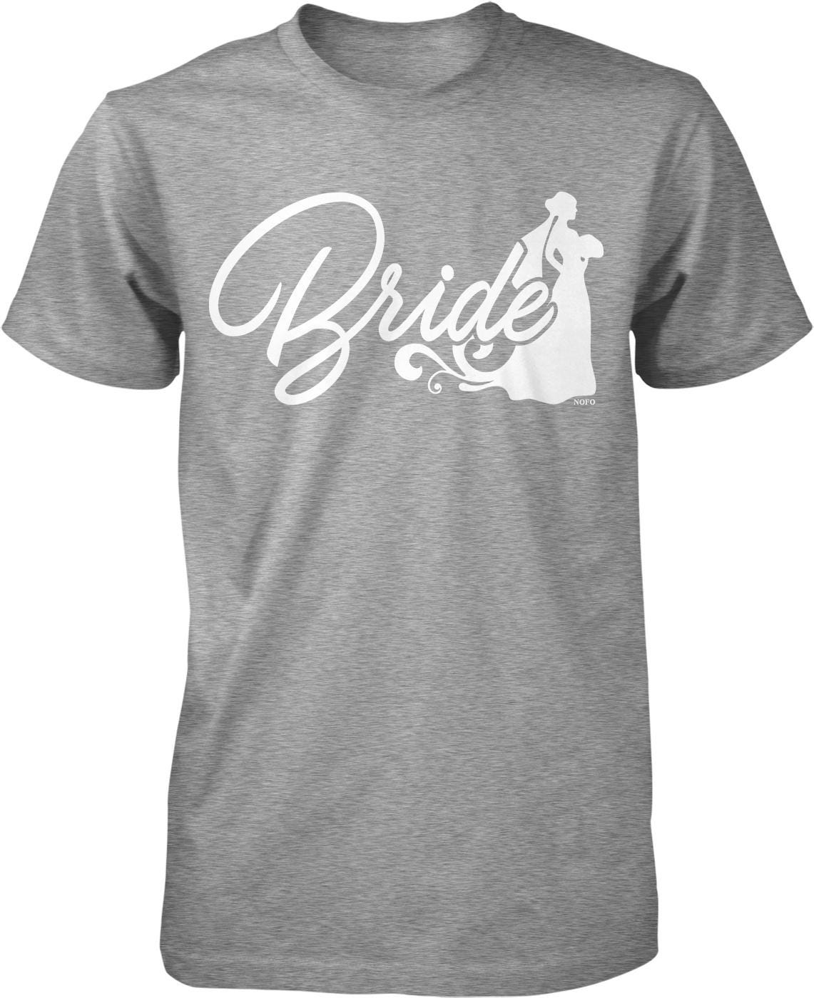 A gray t-shirt with the word "Bride" printed on it in a cursive font.
