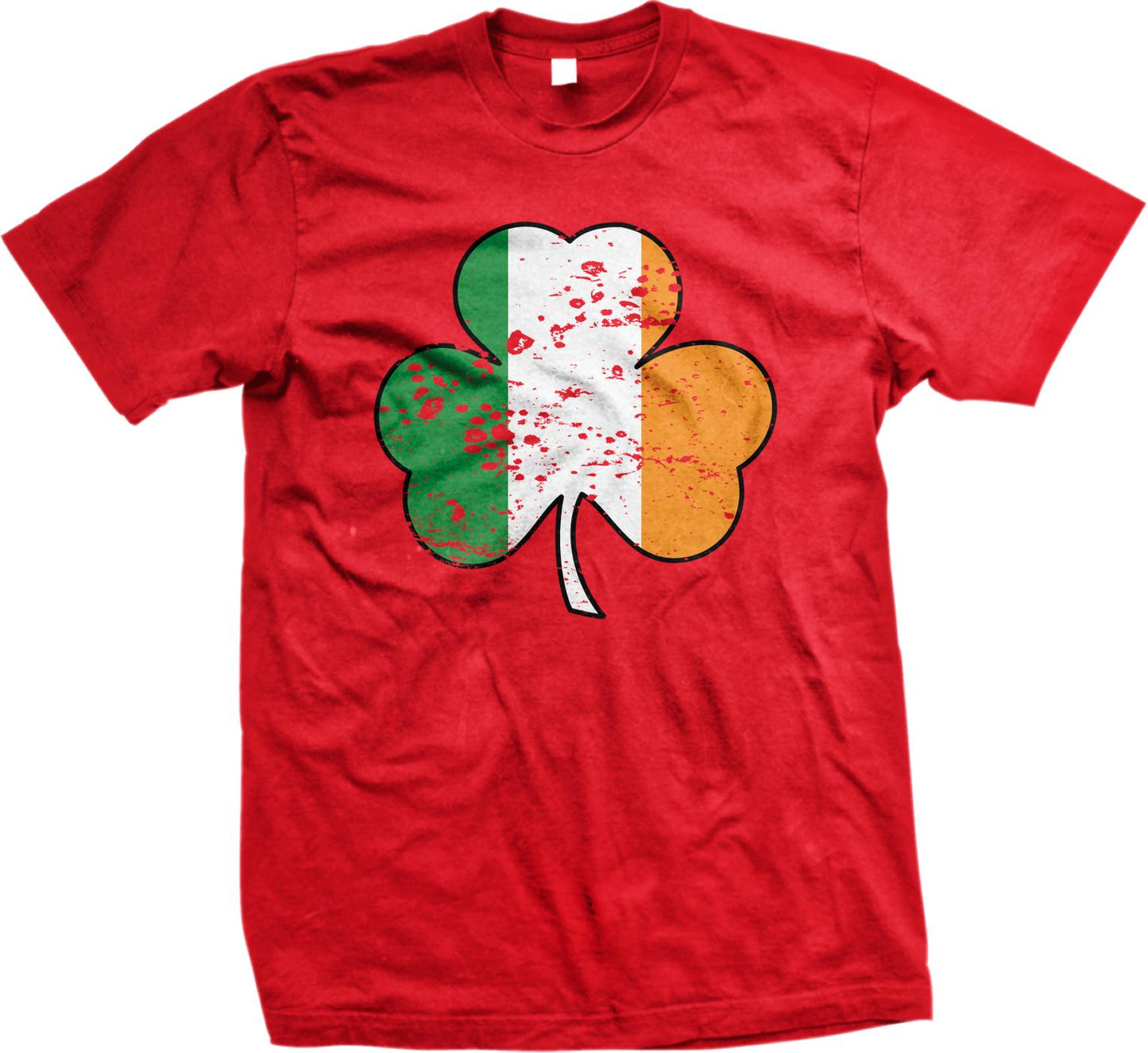 A red t-shirt with a graphic design of a cloverleaf, which is a symbol associated with Ireland.