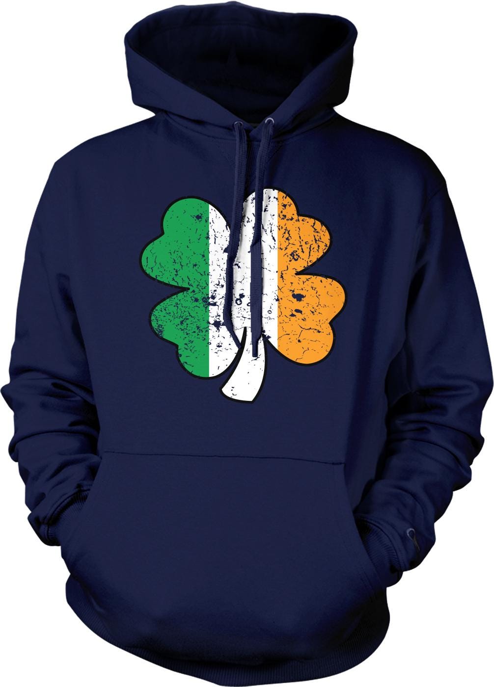 A navy blue hoodie with a graphic of a four-leaf clover in the colors of the Irish flag.