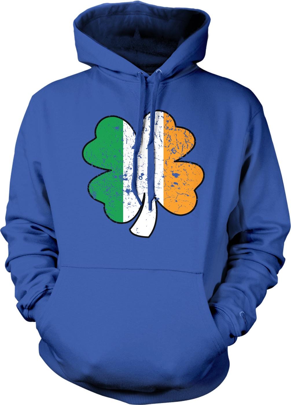 A blue hoodie with a graphic of a four-leaf clover in the colors of the Irish flag.