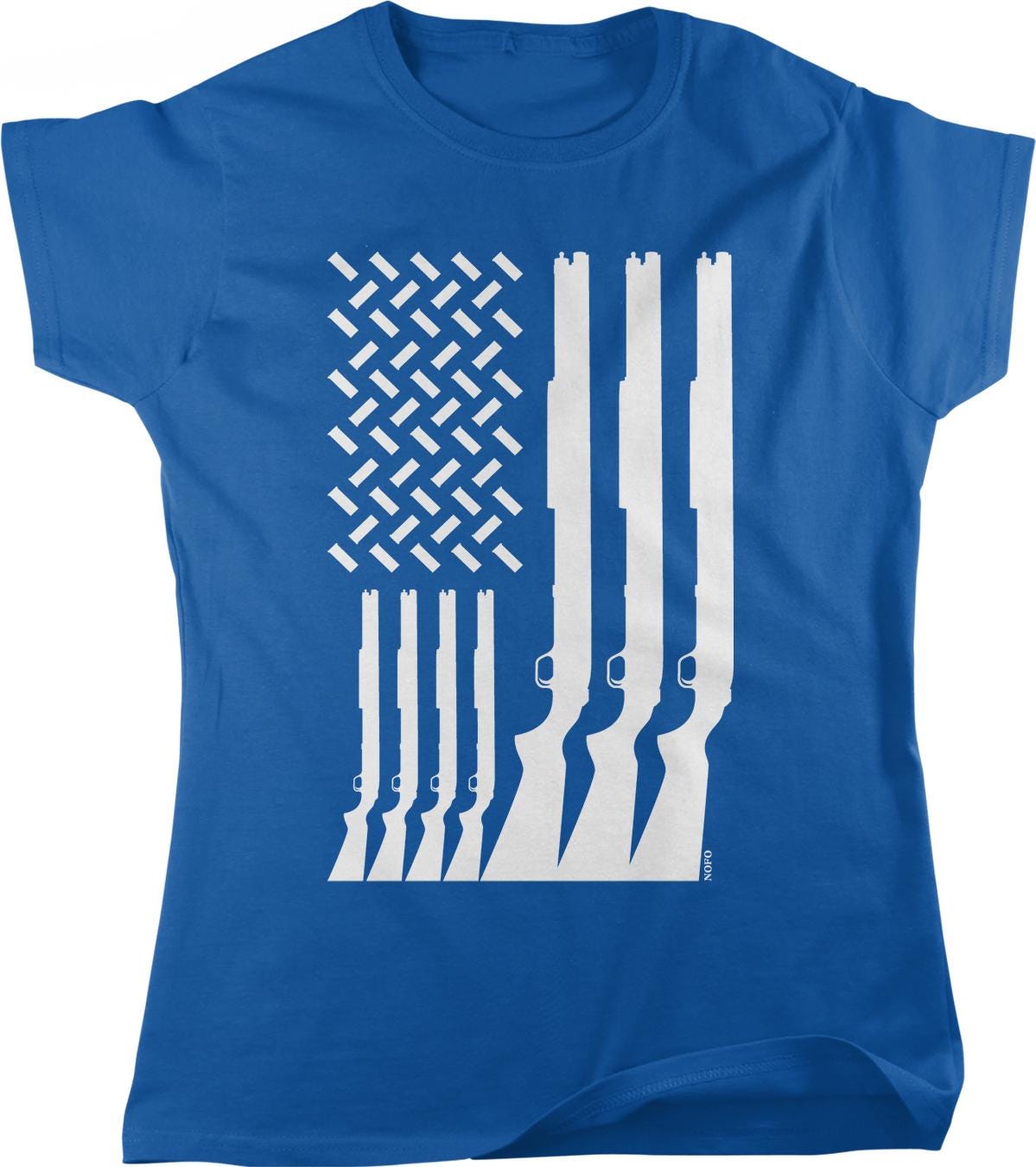 A blue t-shirt with a graphic design depicting a white American flag with six rifles arranged in a diagonal line.