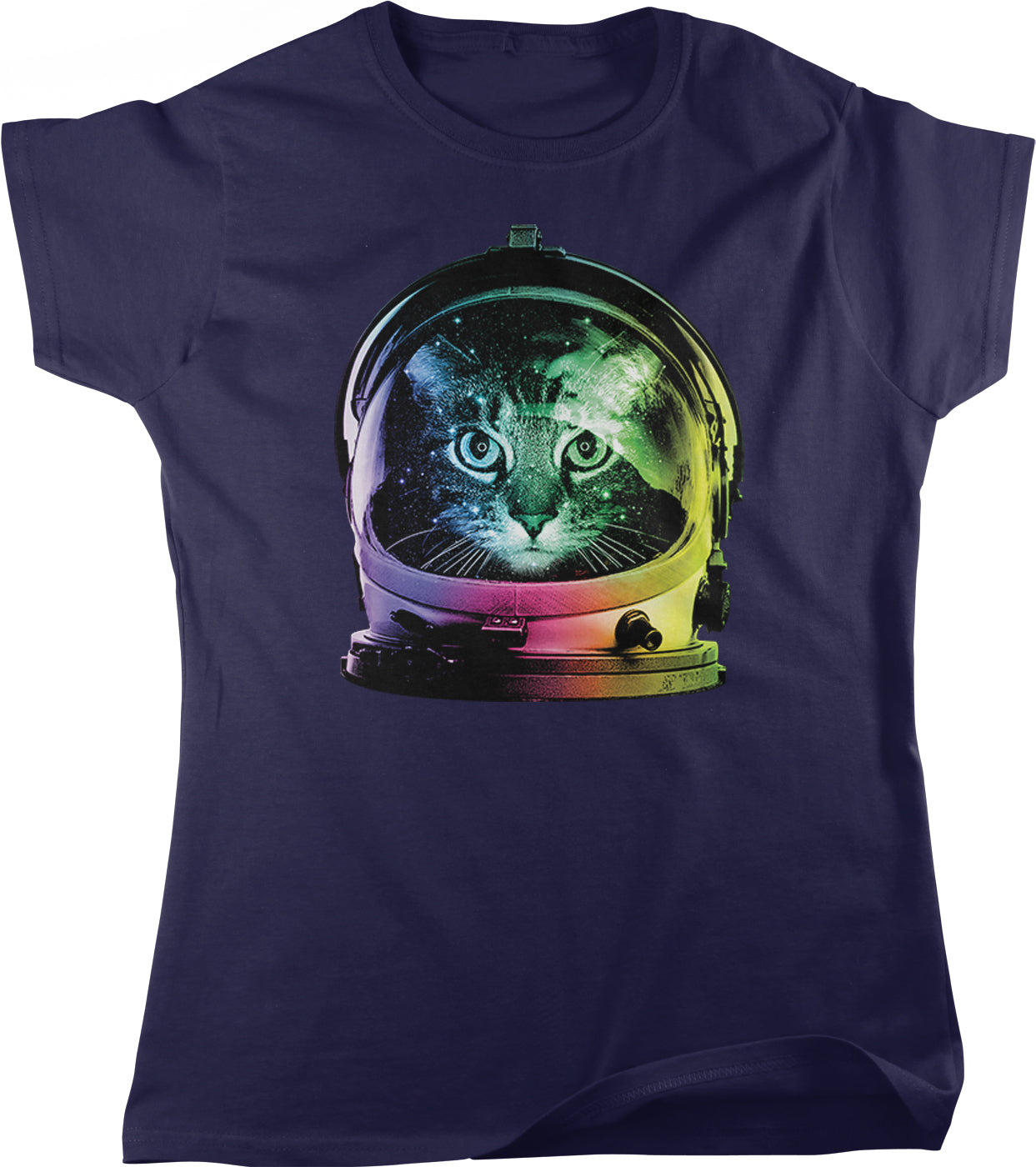 A cat wearing a colorful space helmet, with a cosmic background, is depicted on a dark blue t-shirt.