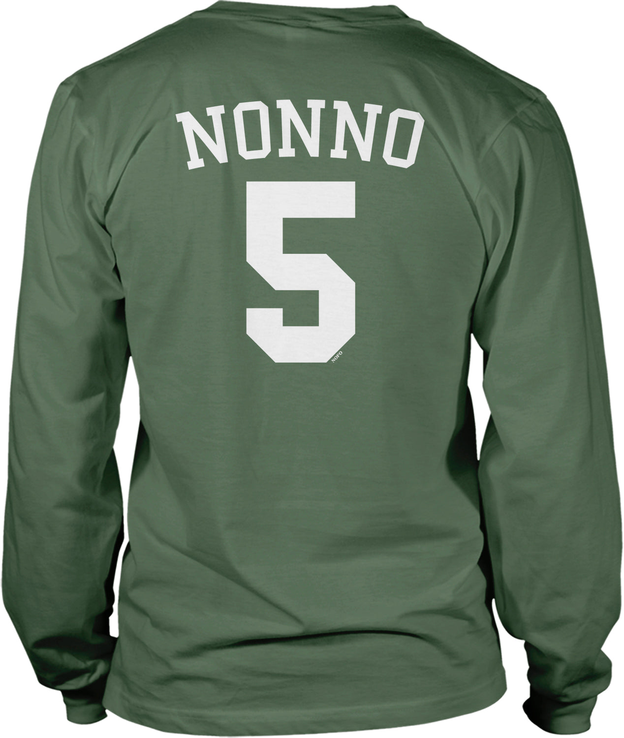 A green long-sleeved t-shirt with the name "NONNO" and the number "5" printed on the back.