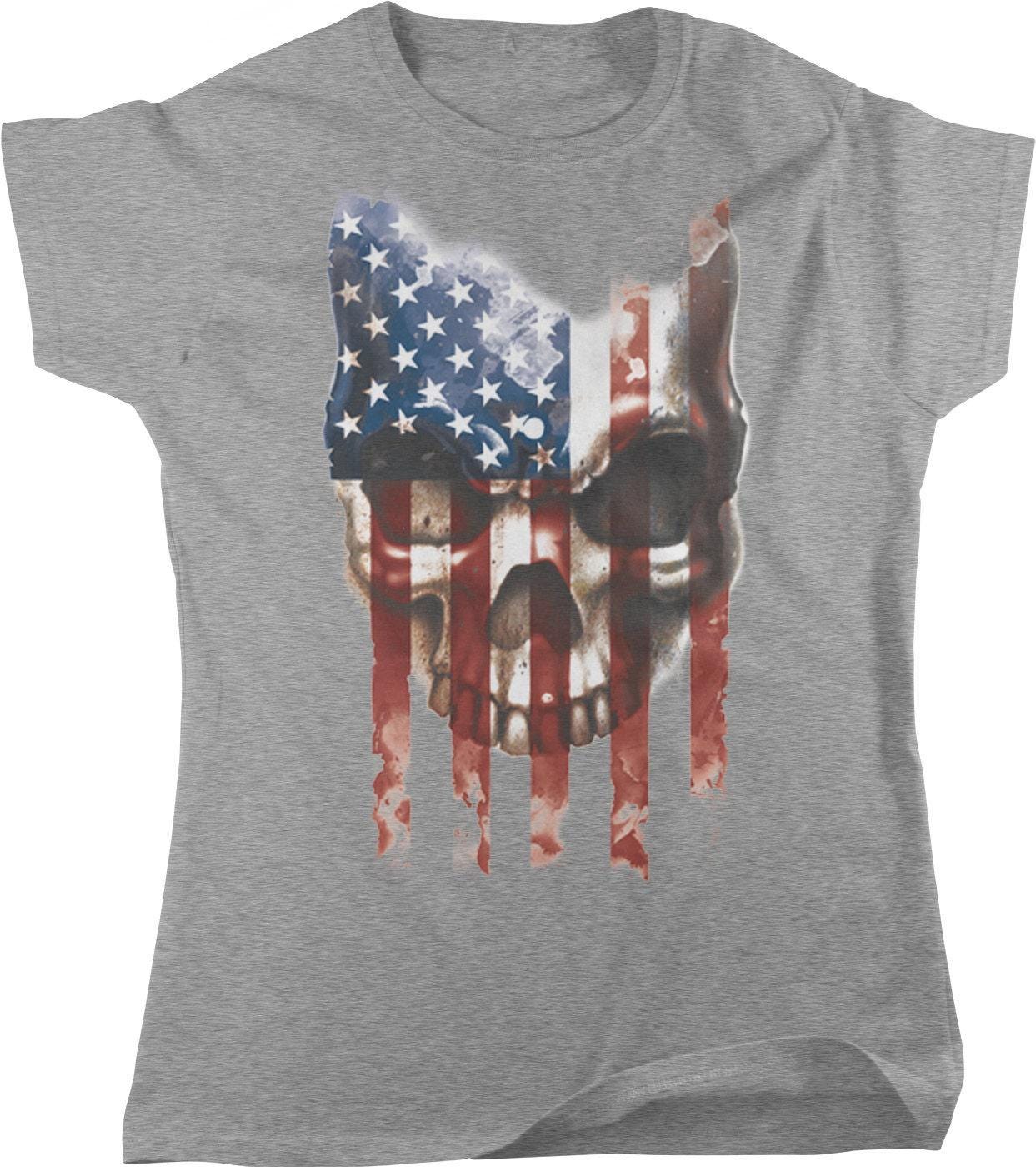 American Flag T-Shirt - Women's Patriotic Skull Tee With Freedom Flag Design