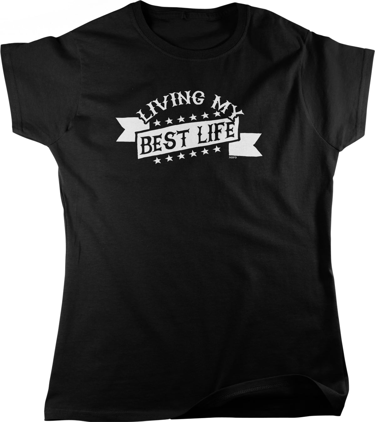 A black t-shirt with the text "LIVING MY BEST LIFE" printed on it in white.