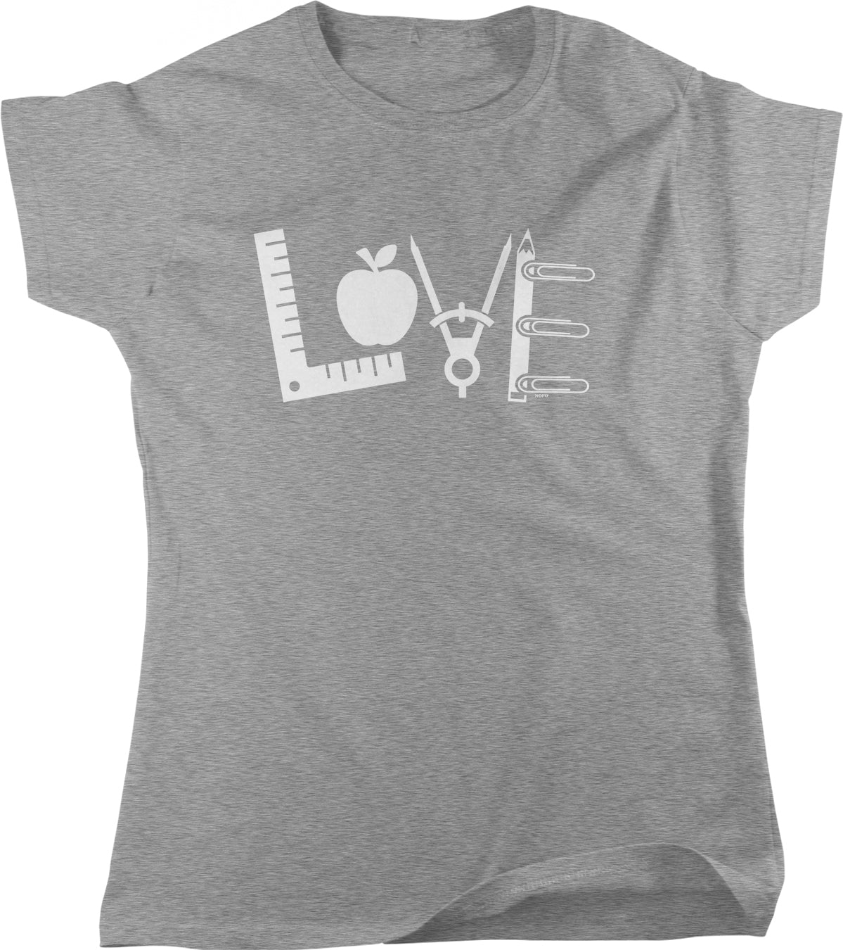 A gray t-shirt with the word "LOVE" printed on it, made up of various objects such as a ruler, apple, and other geometric shapes.