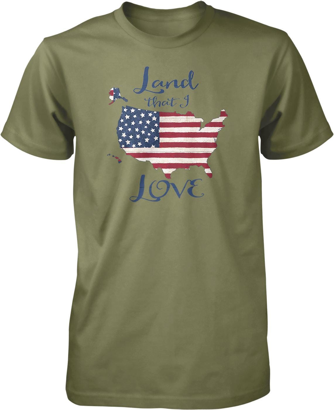 A green t-shirt with a graphic design depicting the United States map and the text "Land that I love" printed on it.