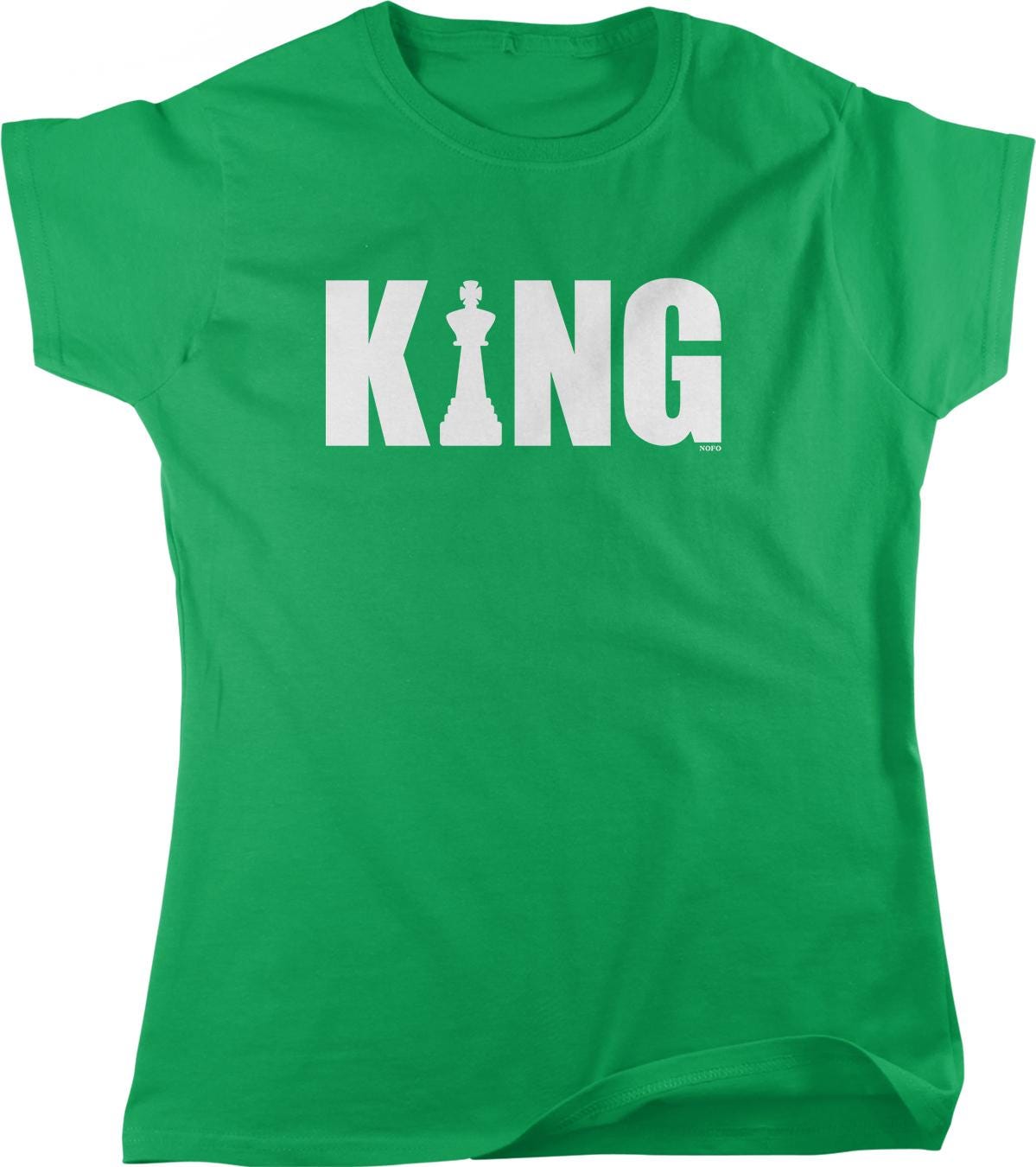 A green t-shirt with the word "KING" printed on it in white letters.