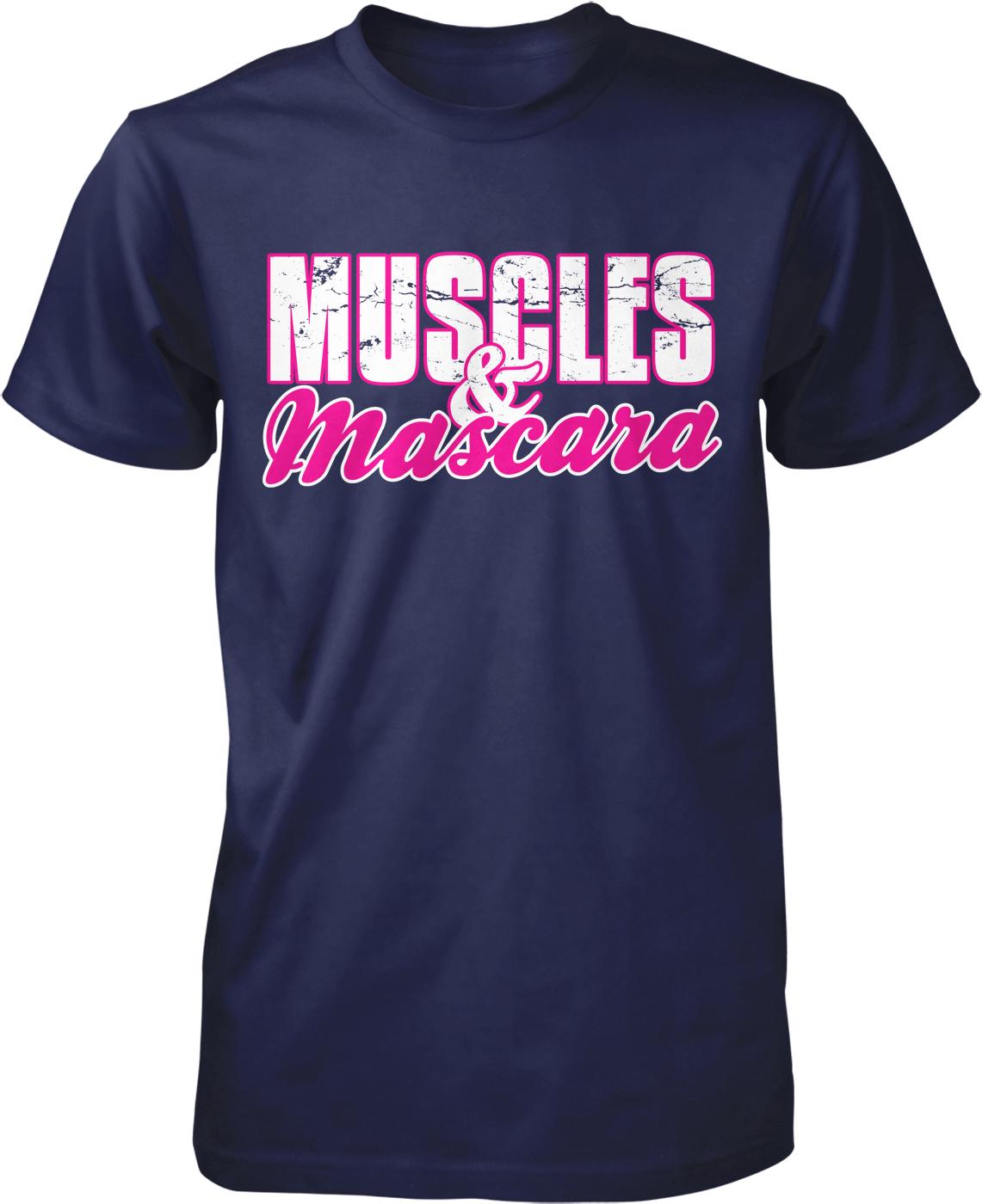 A navy blue t-shirt with the text "MUSCLES & MASCARA" printed on it in pink and white lettering.