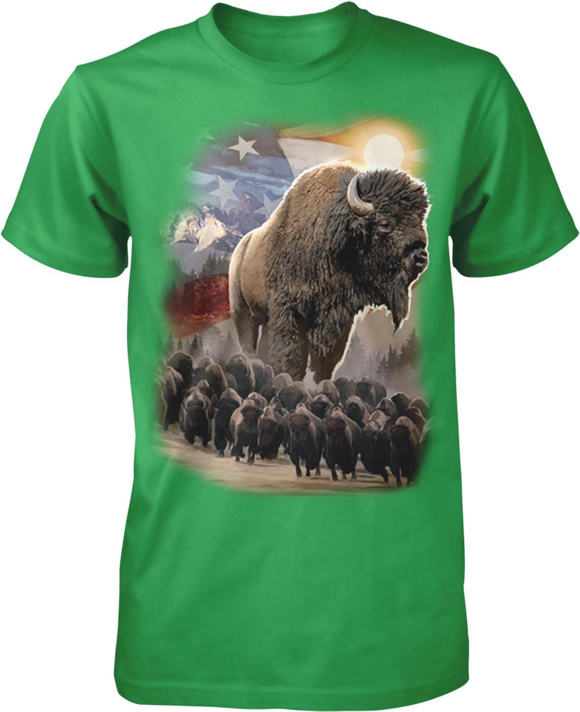 A green t-shirt with a graphic design depicting a large bison surrounded by smaller bison in a natural setting, with an American flag in the background.