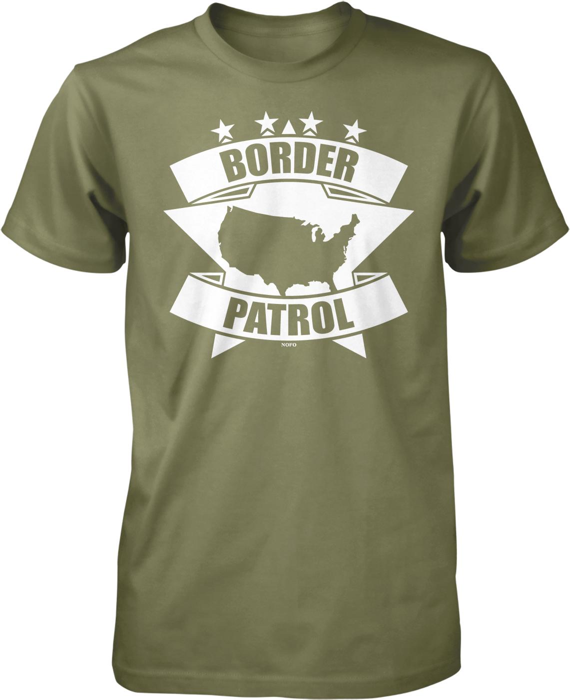 A green t-shirt with a graphic design featuring a map of the United States and the text "BORDER PATROL" along with stars.