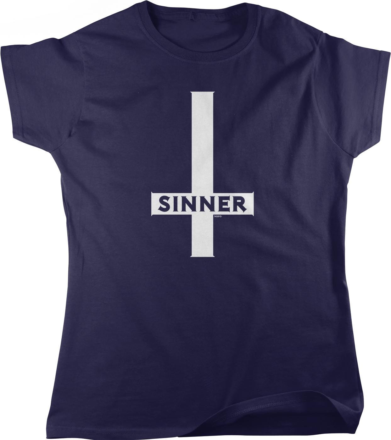A navy blue t-shirt with a white graphic design on it.
