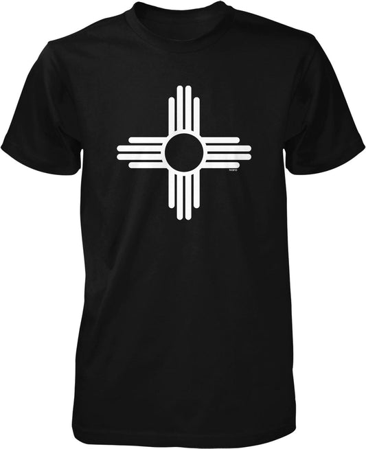 A black t-shirt with a white graphic design on it.