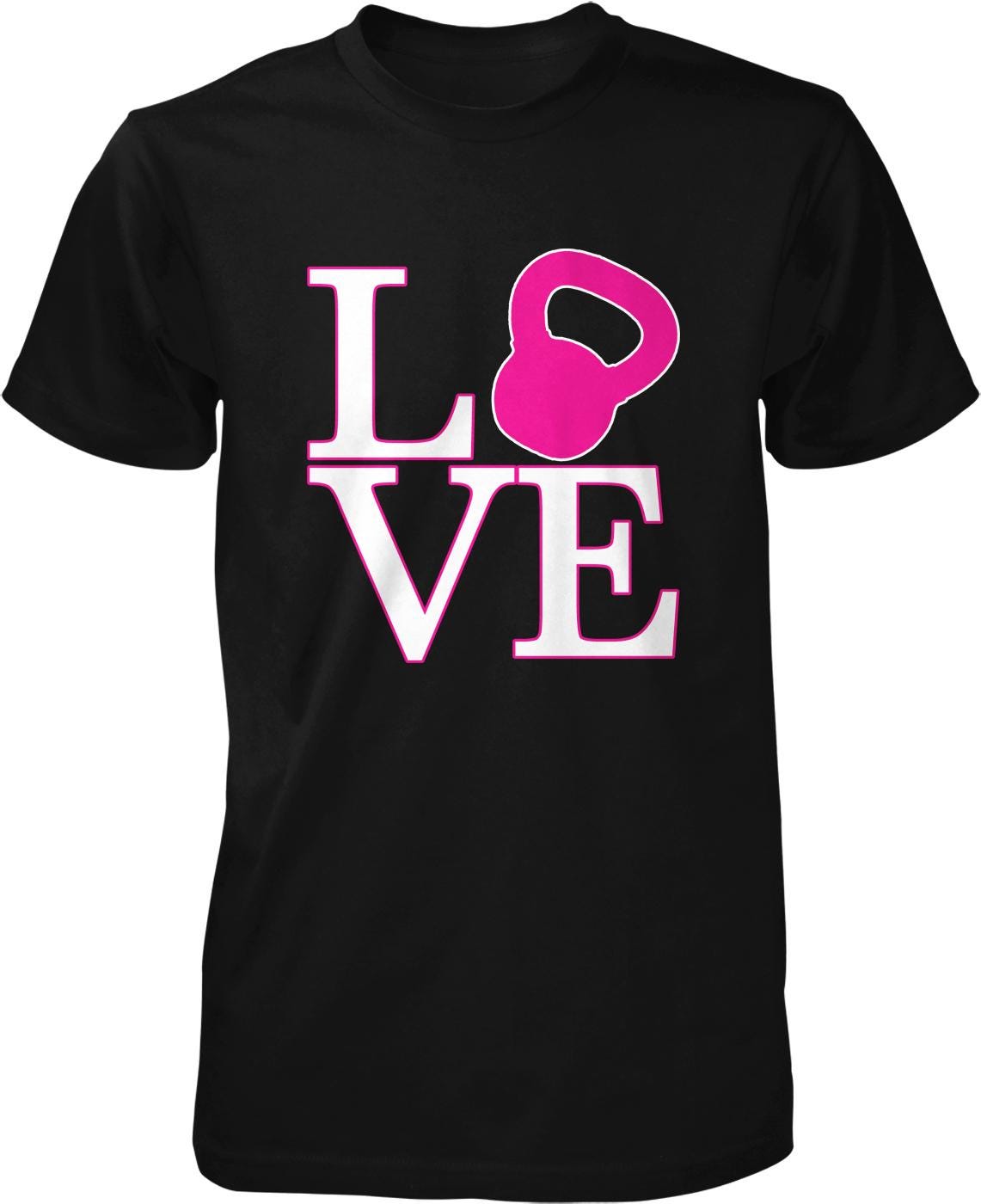 A black t-shirt with a pink graphic design that says "LOVE" in white letters.