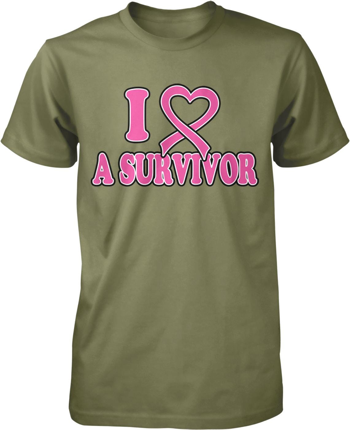 A green t-shirt with the text "I ♥ A SURVIVOR" printed on it, along with a pink ribbon symbol.