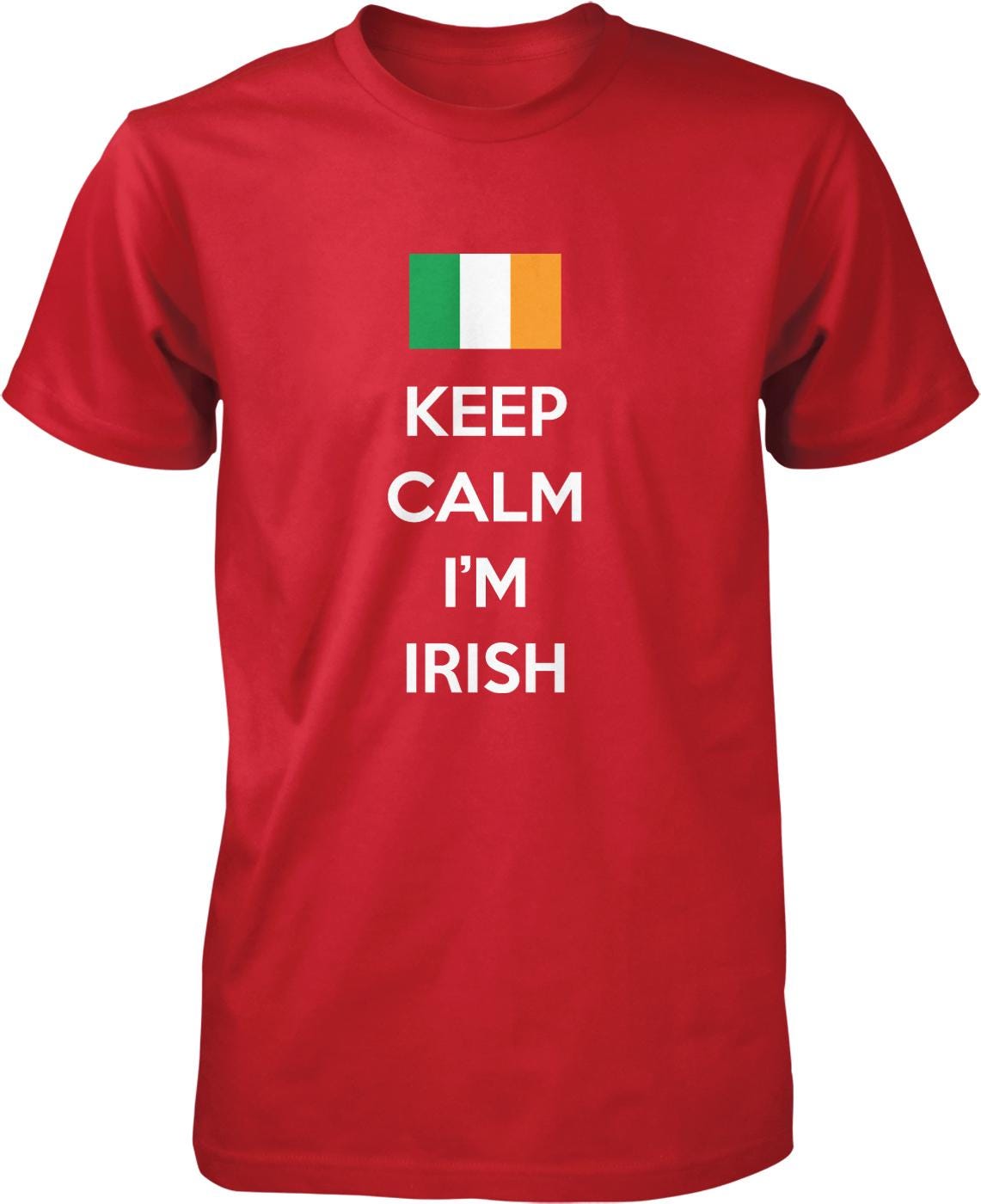 A red t-shirt with the text "KEEP CALM I'M IRISH" printed on it.