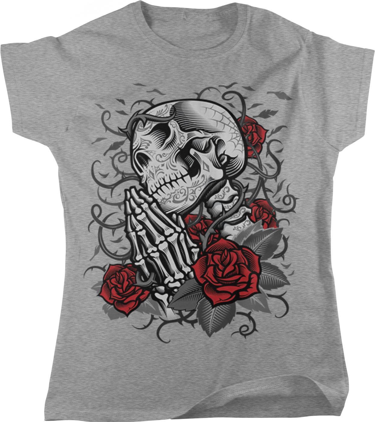 A gray t-shirt with a graphic design featuring a skull with a praying hand, surrounded by red roses and vines.