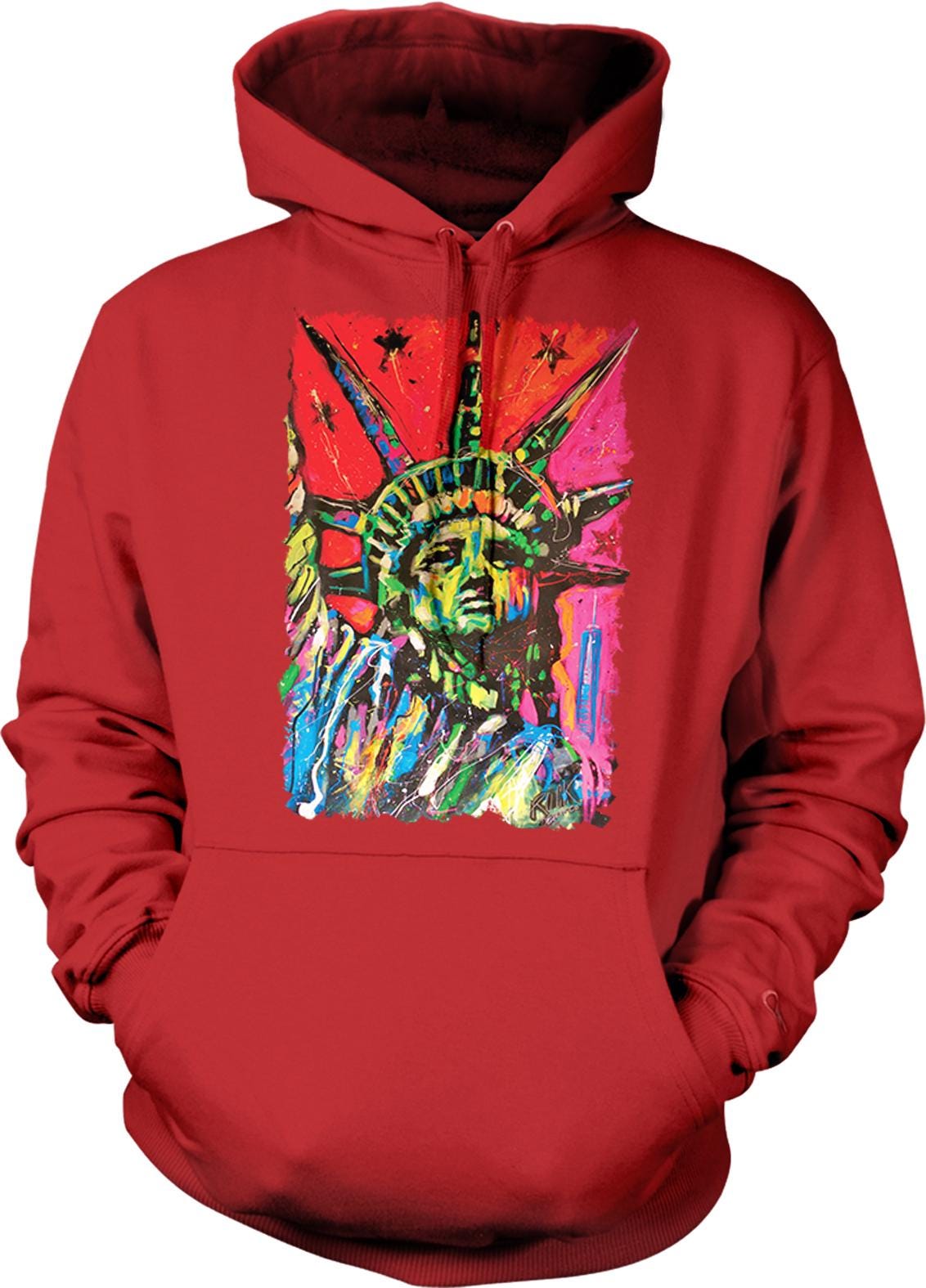 A red hoodie with a colorful painting of the Statue of Liberty on the front.