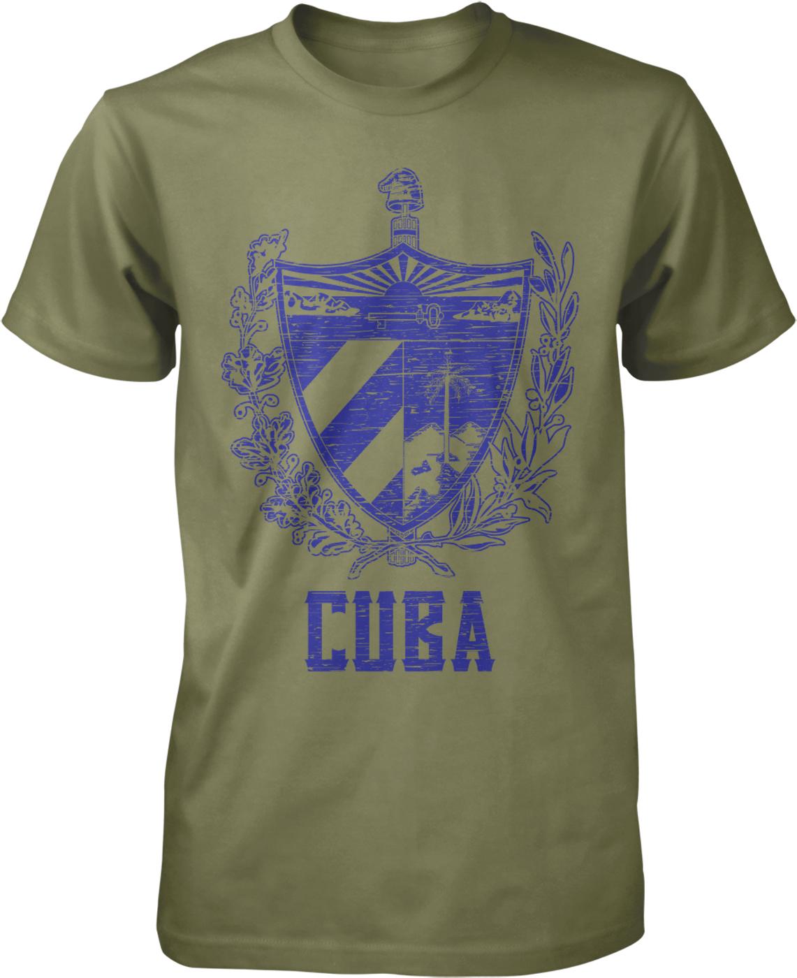 A green t-shirt with a graphic design featuring a shield with a sword and a wreath, along with the word "CUBA" printed below.