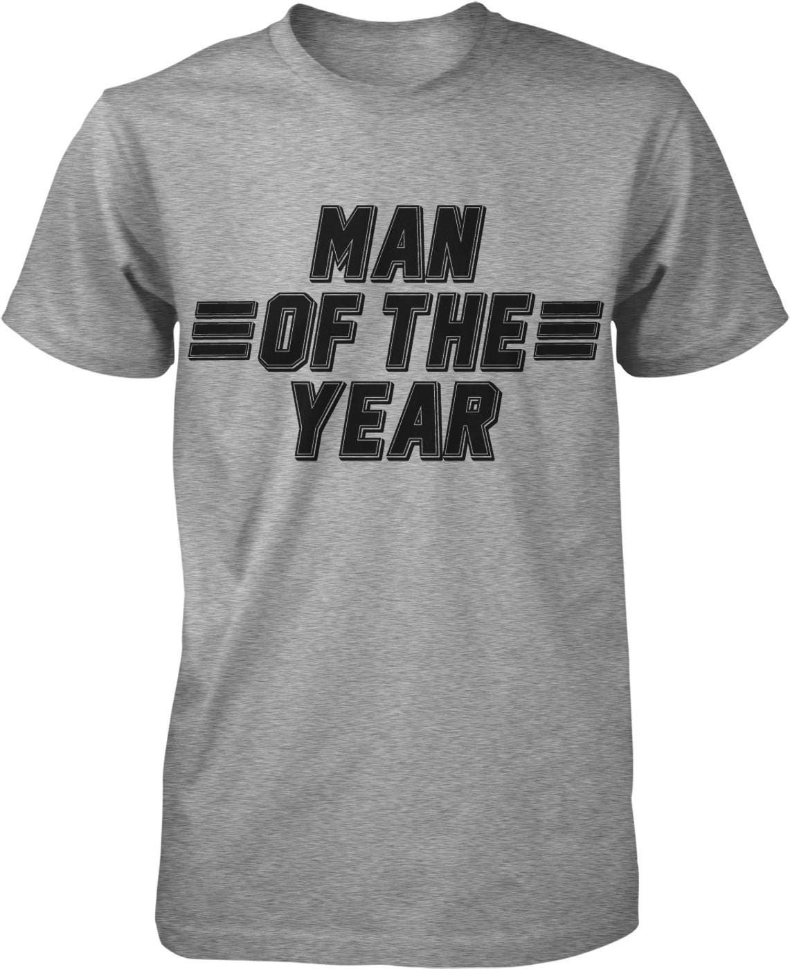 A gray t-shirt with the text "MAN OF THE YEAR" printed on it.