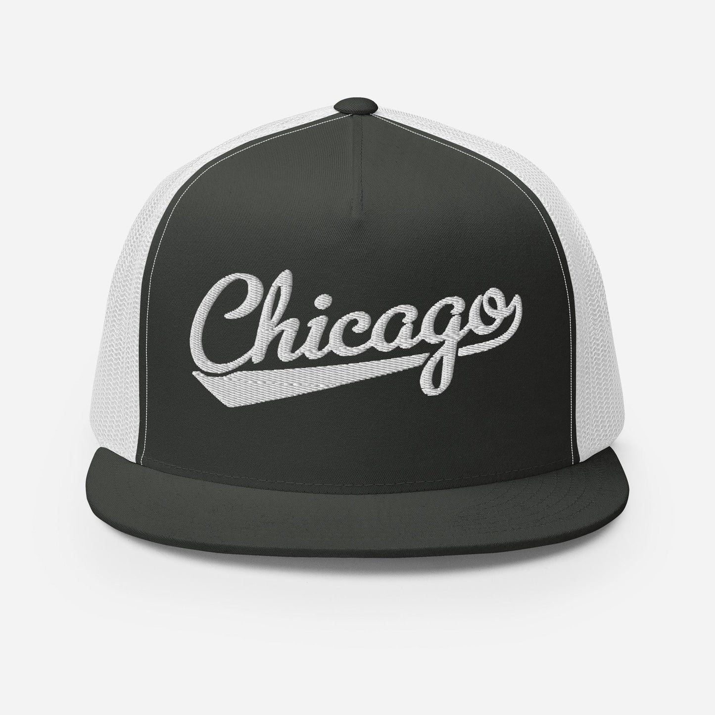 A black and white baseball cap with the word "Chicago" embroidered on it.