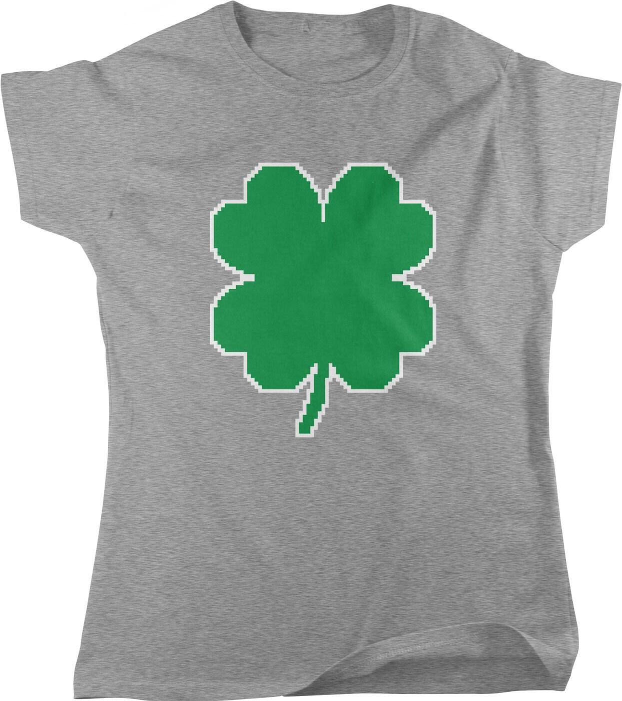 Four Leaf Clover Shirt - Women's Cotton Tee With Pixel Art Clover Design